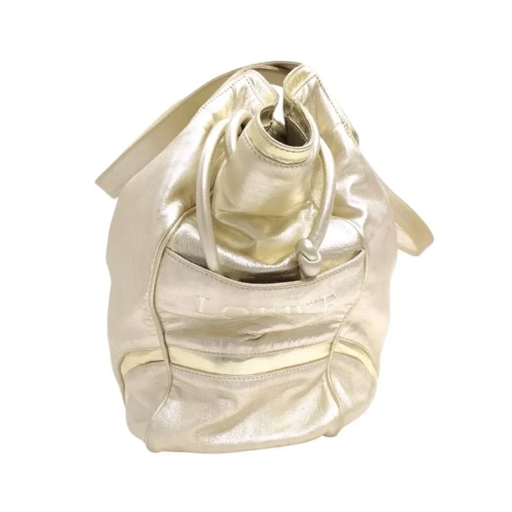 Auth Loewe Champagne Gold Leather Hobo Bucket Shoulder Bag Cinch